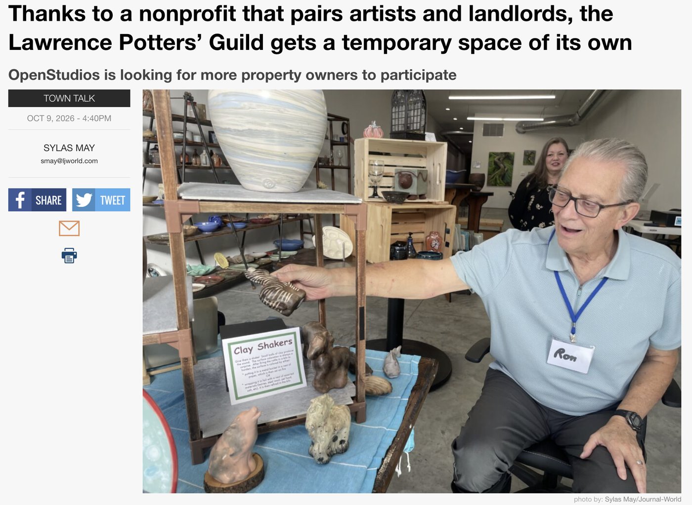 Lawrence Journal-World article: Thanks to a nonprofit that pairs artists and landlords, the Lawrence Potters’ Guild gets a temporary space of its own. Photo of Ron Schmidt at the gallery by Sylas May/Journal-World.